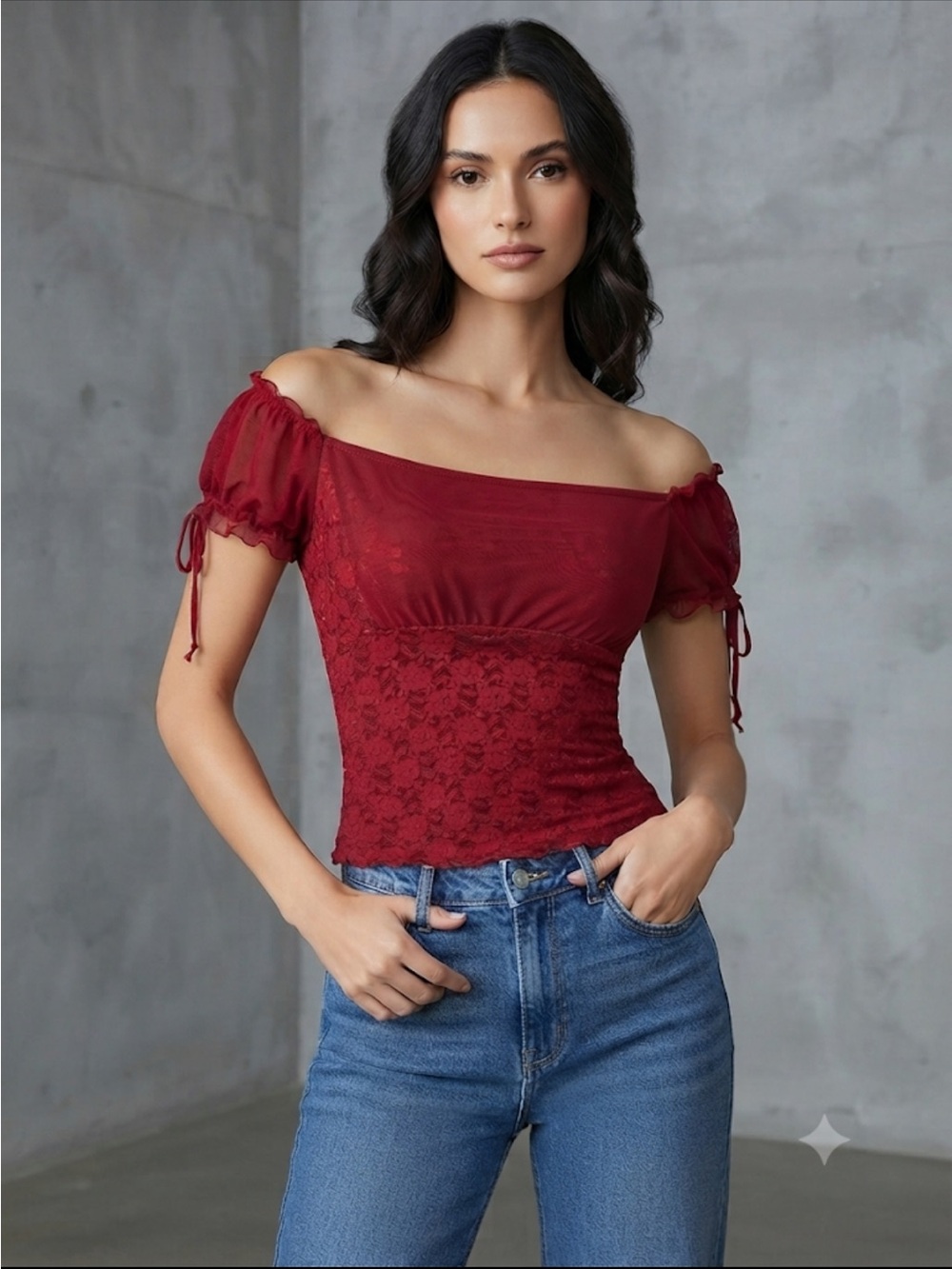 My Michelle Red Lace Off-the-Shoulder Top – Size Large